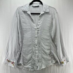 Zara Shirt Womens Sz M Button Up Long Sleeves Embroidered Cuff Casual Off White